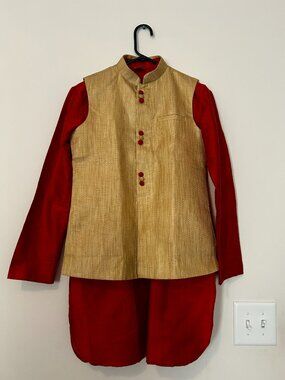 3 Piece Kids Indian Traditional Kurta Pajama Set with Nehru Jacket Red & Gold